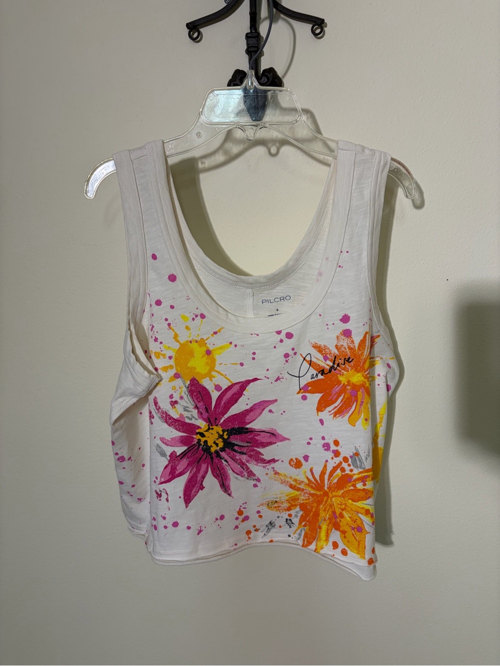 Anthropologie White Tank Top with Pink and Orange Floral Print - Picture 3 of 7